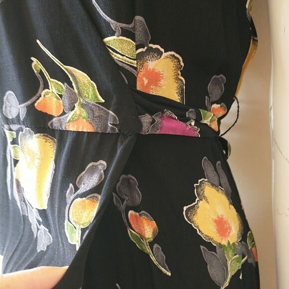 VTG Expo Maxi Wrap Dress 6 Black Floral Short Sleeve Made In USA Cottagecore 80s - Picture 4 of 11